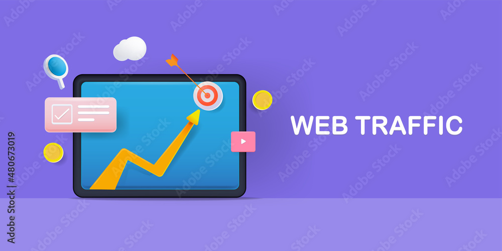 Poster increasing web traffic graph arrow on virtual screen, acquire target audience with paid advertising 