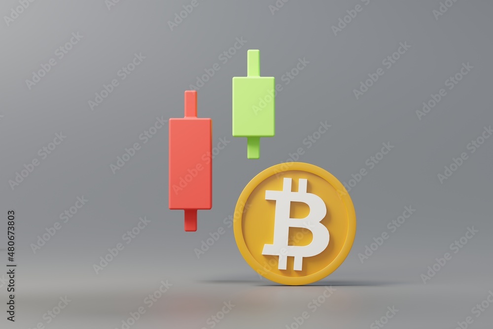 Poster 3d render stack of cryptocurrency bitcoin and candlestick chart or bar graph for trade. cryptocurren