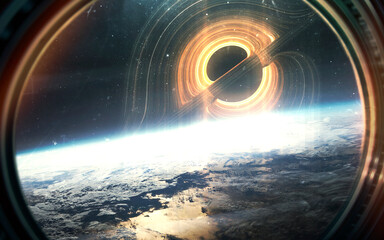 Giant black hole threatens planet earth. 5K realistic science fiction art. Elements of image provided by Nasa