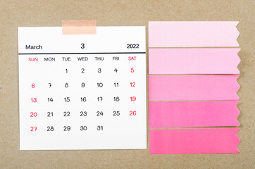 March 2022 calendar with blank adhesive note paper