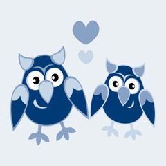 two owls in love with hearts. Cartoon birds. Pastiche. Children drawing