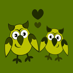 two owls in love with hearts. Cartoon birds. Pastiche. Children drawing
