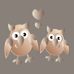 two owls in love with hearts. Cartoon birds. Pastiche. Children drawing