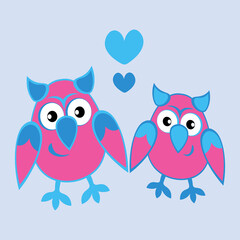 two owls in love with hearts. Cartoon birds. Pastiche. Children drawing