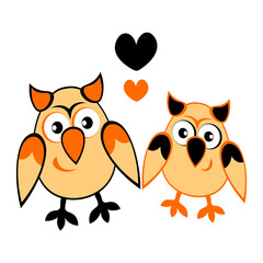 two owls in love with hearts. Cartoon birds. Pastiche. Children drawing