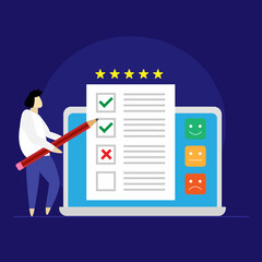Online survey form. Man putting check mark on checklist. CRM, Customer experience, feedback and satisfaction concept
