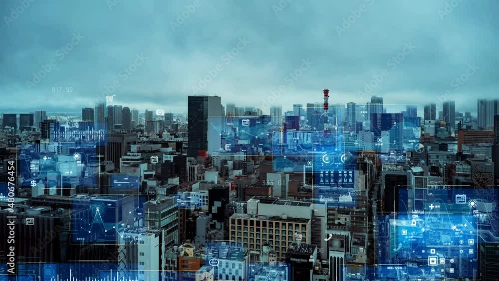 Poster smart city and communication network concept. digital transformation.