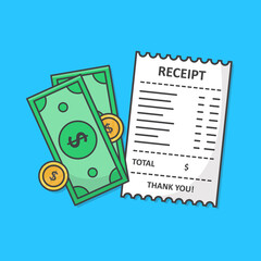 Receipt Paper With Cash Money Vector Icon Illustration. Bill, Financial Check, Payment Flat Icon