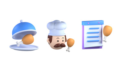 a set of 3D chef and food icons for food app 3D render illustration
