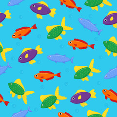 Cute sea fish seamless pattern. Vector cartoon character in ocean. Tropical fish