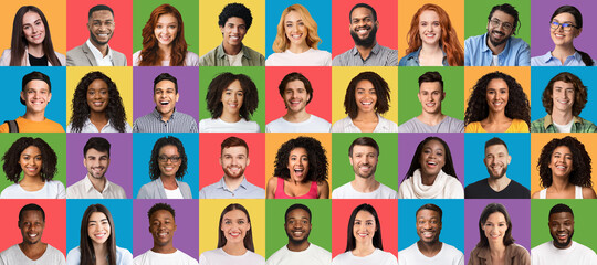 Collage of mixed race happy youngsters posing on bright colorful studio backgrounds, diversity...