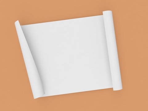 Rolled roll of A4 size office paper on orange background. 3d render illustration.