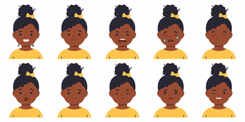 Set of children's avatars.Afro girl.Different emotions.Flat Vector illustration isolated on white background.