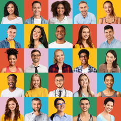 Diverse Multiethnic People Smiling Over Colorful Backgrounds, Expressing Happiness And Positive Emotions