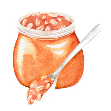 Jar of caramel and peanuts with a spoon.Watercolor illustration. Isolated on a white background