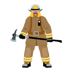 A brave firefighter in uniform and with an axe.   An experienced fire guard. Color vector illustration isolated on a white background in a cartoon and flat design.