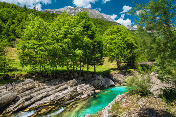 Amazing Soca river with rocky shoreline, Bovec, Slovenia