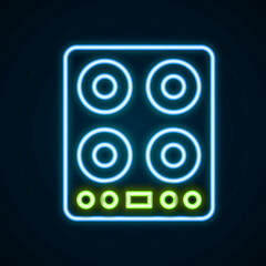 Glowing neon line Gas stove icon isolated on black background. Cooktop sign. Hob with four circle burners. Colorful outline concept. Vector