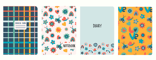Set of cover page templates based on patterns with hand drawn flowers in Retro 60s, 70s design. Backgrounds for notebooks, notepads, diaries. Headers isolated and replaceable