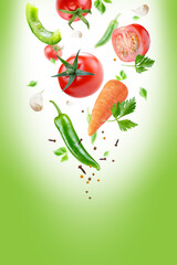 assortment of vegetables  for salads flying on air .Background for packaging and label design