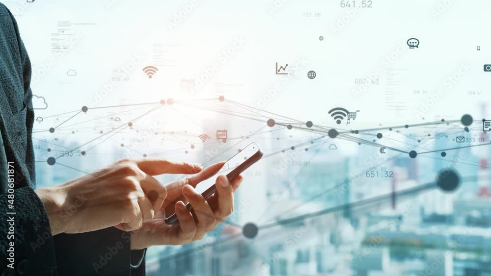 Poster Communication network concept. Mobile application. Digital transformation.