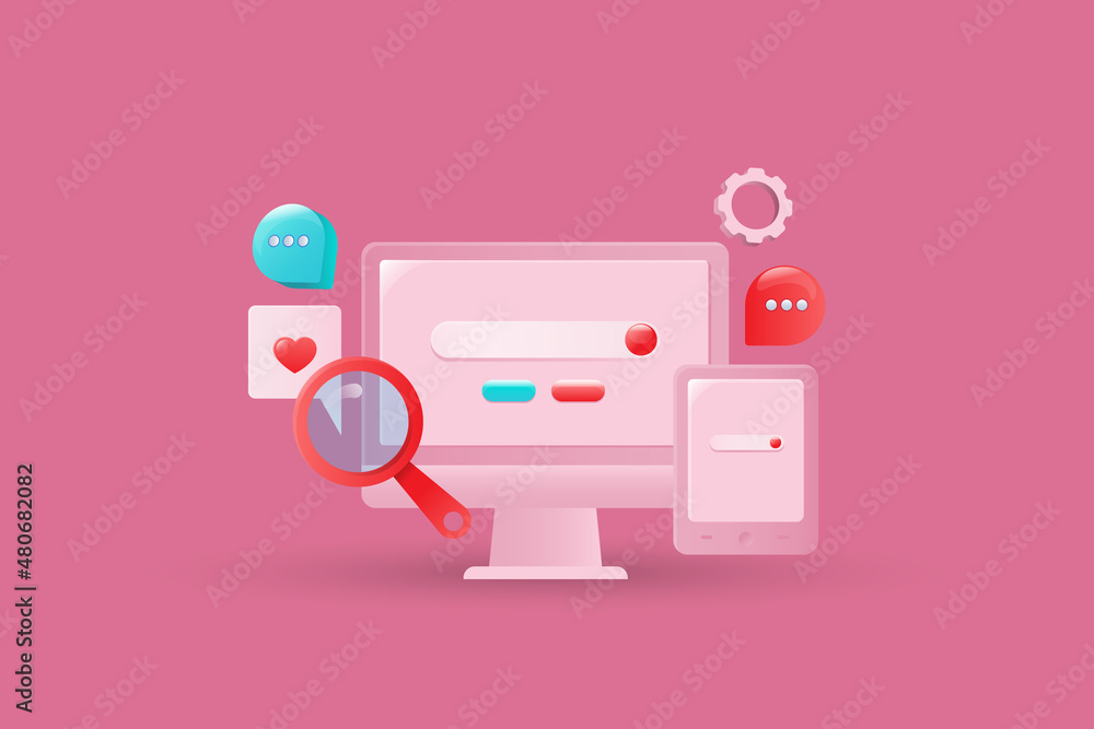 Poster 3d style concept, seo - search engine optimization, search bar on computer and tablet screen. intern