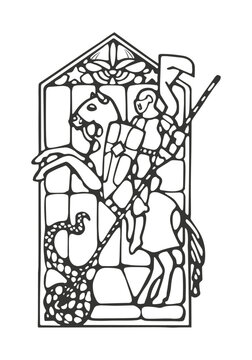 Outline vector stained glass window with Saint George and the dragon