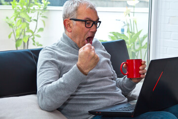 mature man using laptop with victory expression