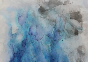 blue watercolor background. Transparent lines and spots. Paint leaks and ombre effects. Abstract hand-painted image.