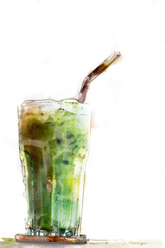 Digital painting and drawing of Iced green matcha tea in glass with white background