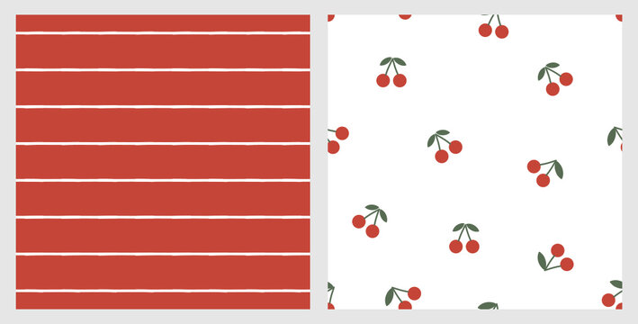 Seamless pattern with red white stripe background. Seamless pattern with red cherry fruit on white background vector.