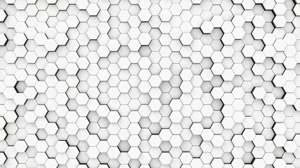 White hexagons with golden edges. 3d render abstract background.