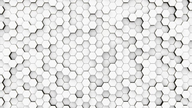 White hexagons with golden edges. 3d render abstract background.