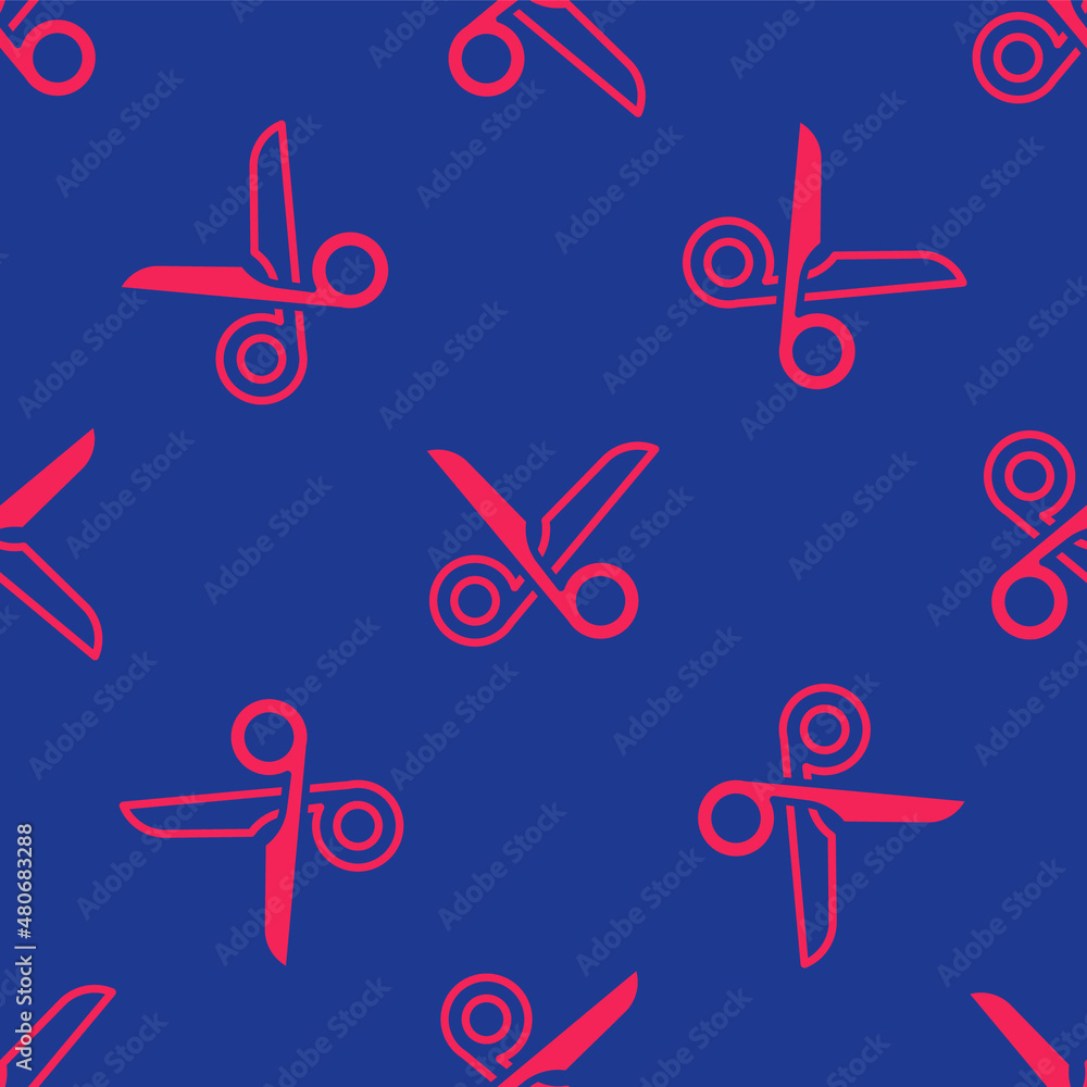 Poster red scissors icon isolated seamless pattern on blue background. cutting tool sign. vector