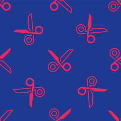 Red Scissors icon isolated seamless pattern on blue background. Cutting tool sign. Vector