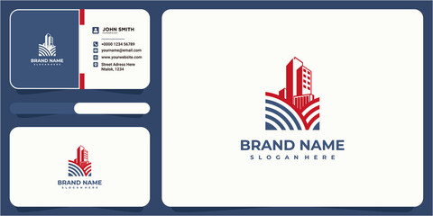 Obraz na płótnie Canvas Smart building Tech Logo Vector. City Net Logo Concept Vector. Wifi building Vector Logo with business card