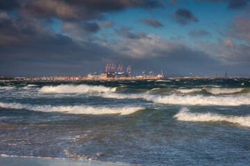 Windy day on the beach at Baltic Sea in Gdansk. Poland