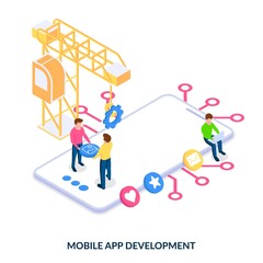 Mobile app development. Isometric vector illustration on white background.