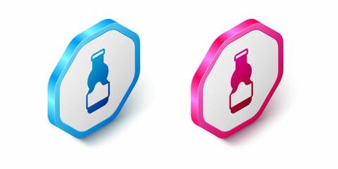 Isometric Sauce bottle icon isolated on white background. Ketchup, mustard and mayonnaise bottles with sauce for fast food. Hexagon button. Vector