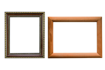 Two brown wooden frames. Empty frames made of natural wood, isolated on a white background. Mock up