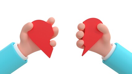 Broken heart concept. Man holding halves of a broken heart in his hands. 3d render illustration on white background