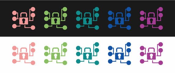 Set Cyber security icon isolated on black and white background. Closed padlock on digital circuit board. Safety concept. Digital data protection. Vector