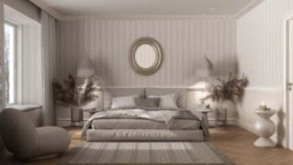Blur background, elegant bedroom with modern minimalist furniture. Parquet, double bed with pillows, pendant lamps and mirror. Wallpaper and carpet. Classic interior design