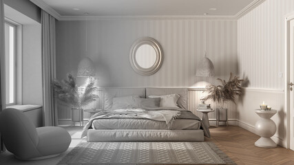 Architect interior designer concept: hand-drawn draft unfinished project that becomes real, elegant bedroom with modern minimalist furniture, classic interior design idea