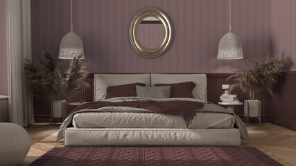 Elegant bedroom in red tones with modern minimalist furniture. Herringbone parquet, double bed with pillows, pendant lamps and mirror. Wallpaper and carpet. Classic interior design