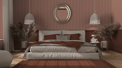 Elegant bedroom in orange tones with modern minimalist furniture. Herringbone parquet, double bed with pillows, pendant lamps and mirror. Wallpaper and carpet. Classic interior design