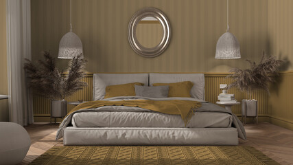 Elegant bedroom in yellow tones with modern minimalist furniture. Herringbone parquet, double bed with pillows, pendant lamps and mirror. Wallpaper and carpet. Classic interior design