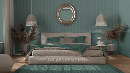 Elegant bedroom in turquoise tones with modern minimalist furniture. Herringbone parquet, double bed with pillows, pendant lamps, mirror. Wallpaper and carpet. Classic interior design
