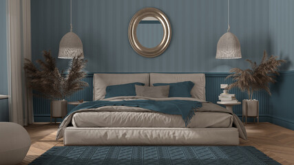 Elegant bedroom in blue tones with modern minimalist furniture. Herringbone parquet, double bed with pillows, pendant lamps and mirror. Wallpaper and carpet. Classic interior design