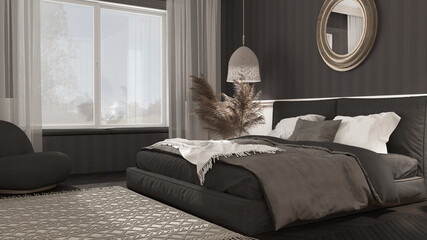 Elegant bedroom in dark tones with modern minimalist furniture. Herringbone parquet, double bed with pillows, pendant lamps and mirror. Wallpaper and carpet. Classic interior design